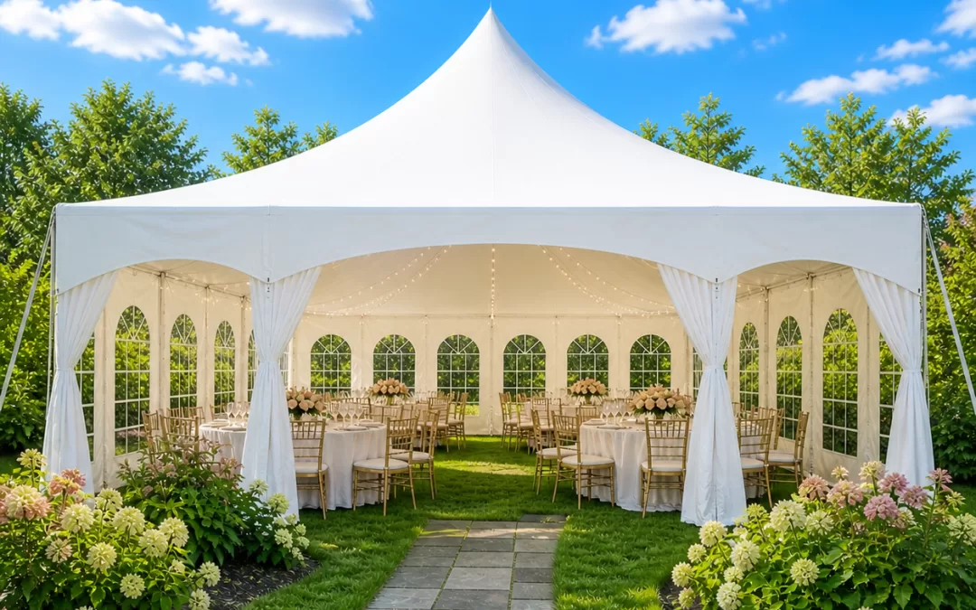 White high peak frame tent set up for a wedding reception in a garden backyard in Buffalo NY with chiavari chairs, round tables, white linens, bistro string lights, and cathedral window sidewalls