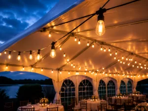 Bistro string lights glowing inside a white high peak frame tent at an evening outdoor event in Erie County NY