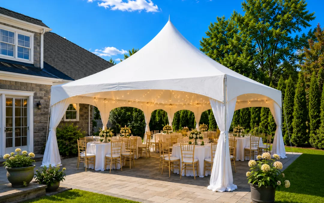 White high peak frame tent set up on a stone paver patio in a Buffalo NY backyard with round tables and bistro string lights