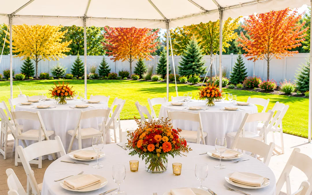 Round table with white linens and fall floral centerpiece under a fall tent rental in Buffalo, NY