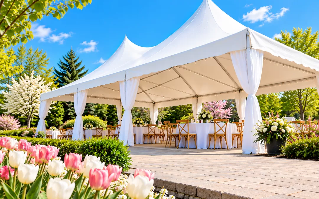 White peaked frame tent with draped corners on a paver patio, set for a spring wedding reception with round tables, cross back chairs, and string lights, pink and white tulips in the foreground